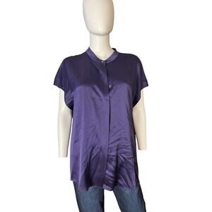 VINCE Navy Silk Split Back Short Sleeve Blouse Size XL